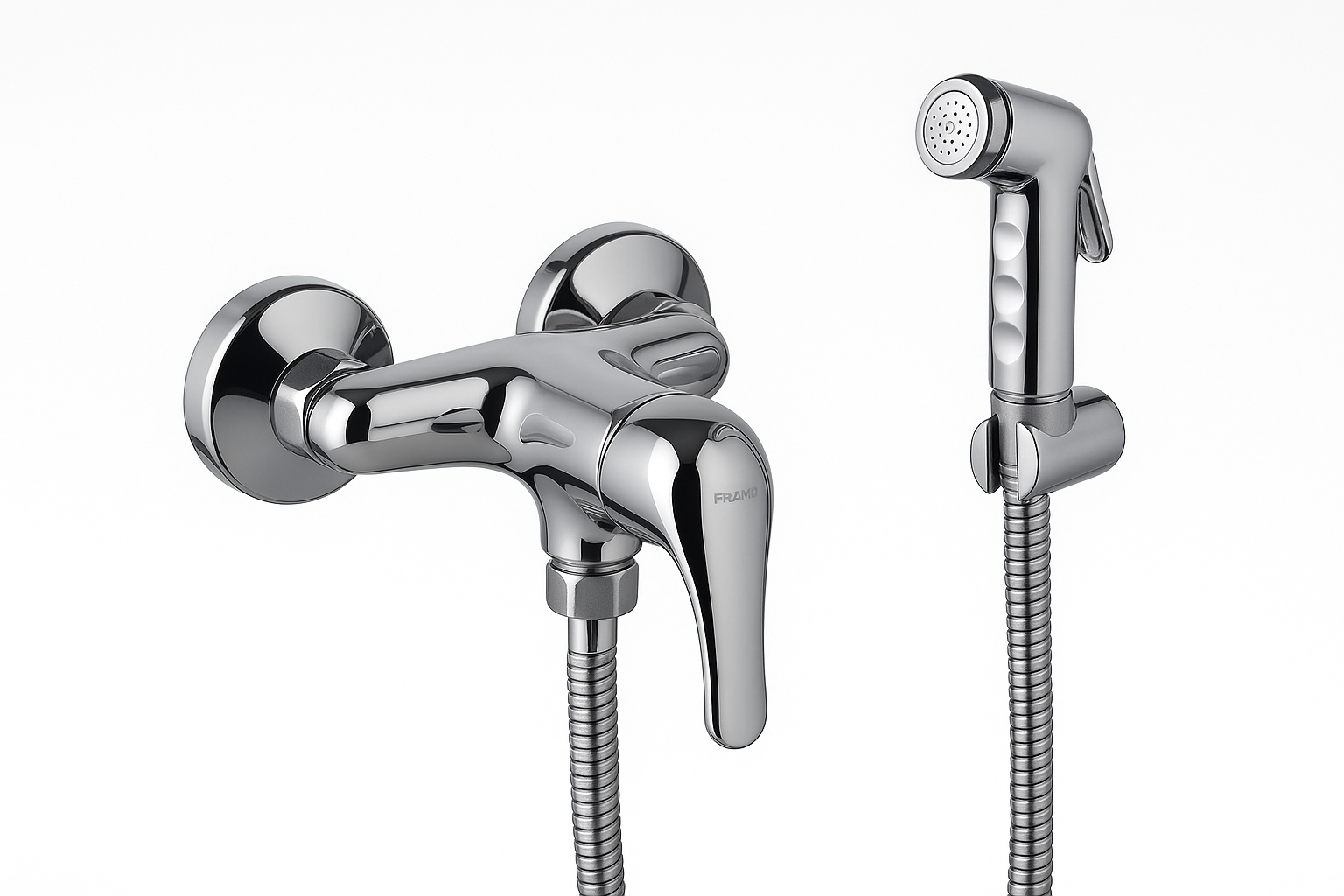 Mitigeur toilette + shattaf chrome FRAMO réf 102 – mural, cartouche céramique, écologique, fabrication italienne premium
