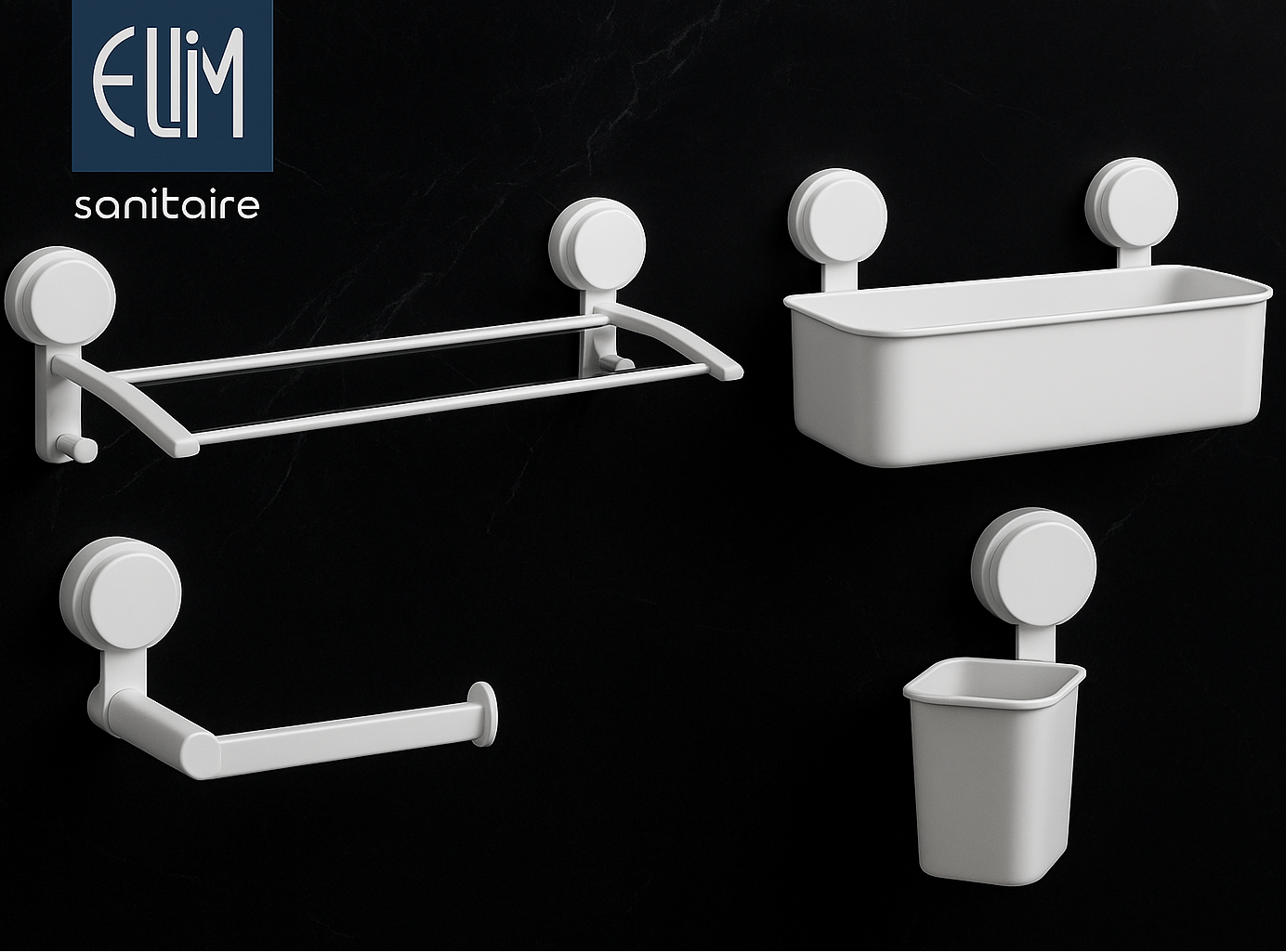 Pack 4 accessoires salle de bain blanc à ventouse ABS EJIM sans perçage – porte-serviette, porte-papier, porte-verre et panier
