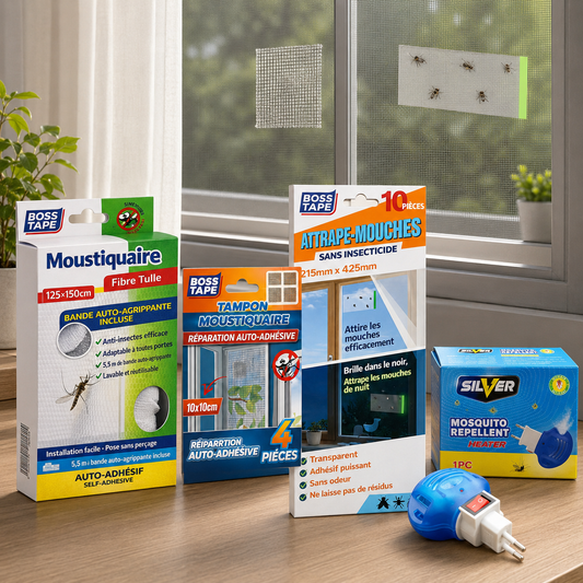 Pack Anti-Moustiques BOSS TAPE 4 en 1 – Moustiquaire, Diffuseur & Piège Lumineux | SQES Tunisie
