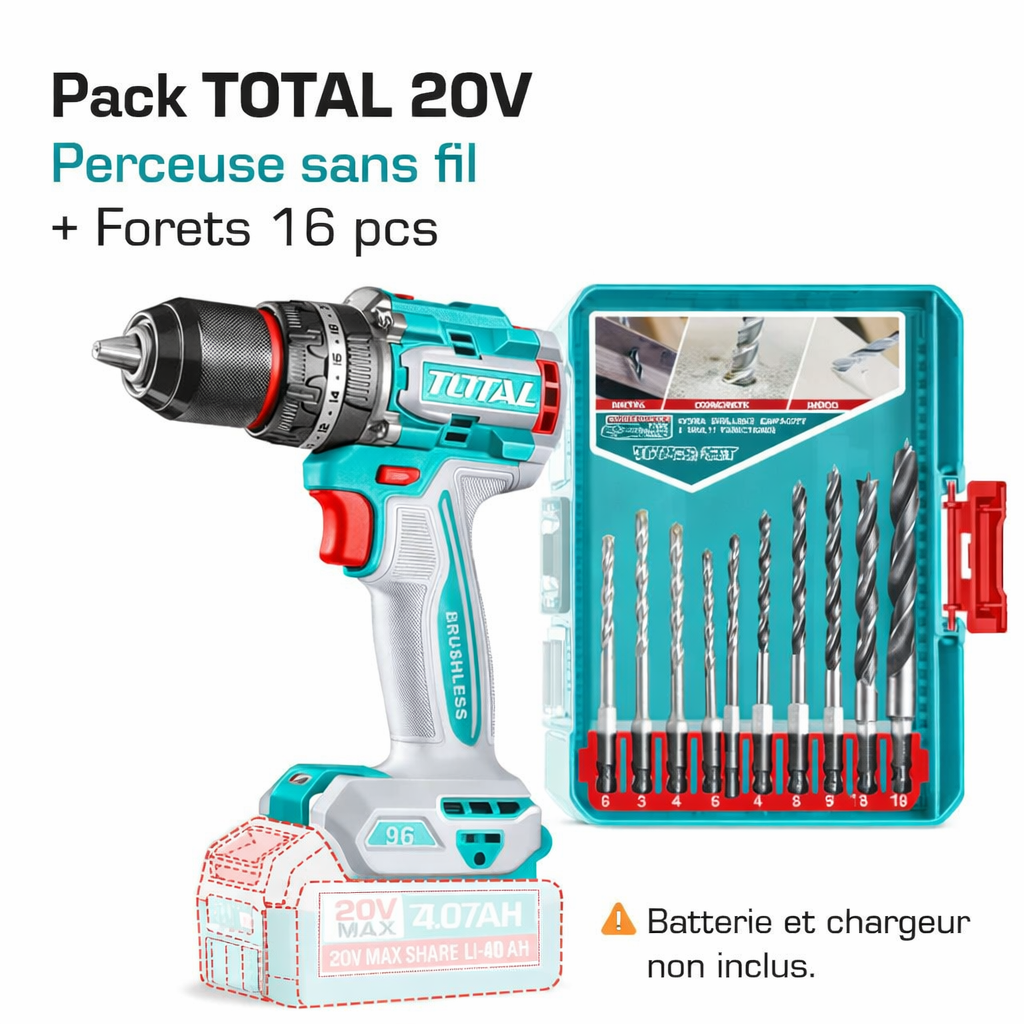 Pack perçage TOTAL perceuse brushless TIDLI209681 20V 96Nm + coffret 16 forets TACSDL11608 multi-matériaux – SQES Tunisie
