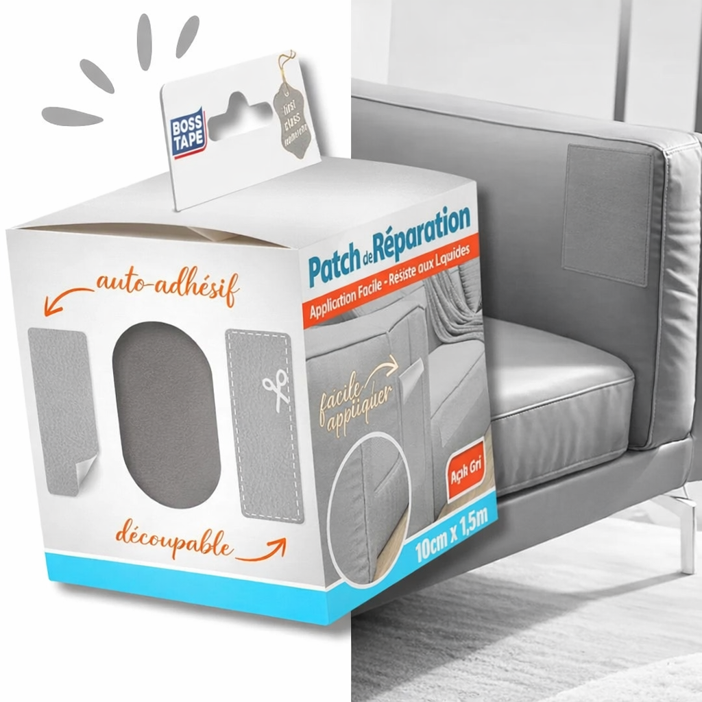 Patch cuir auto-adhésif Boss Tape gris clair 100mm x 1,5m – réparation sièges auto, canapés, fauteuils et accessoires cuir
