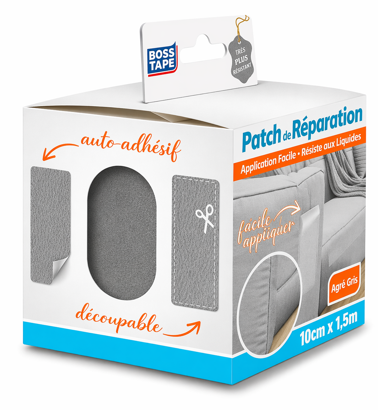 Patch cuir auto-adhésif Boss Tape gris clair 100mm x 1,5m – réparation sièges auto, canapés, fauteuils et accessoires cuir
