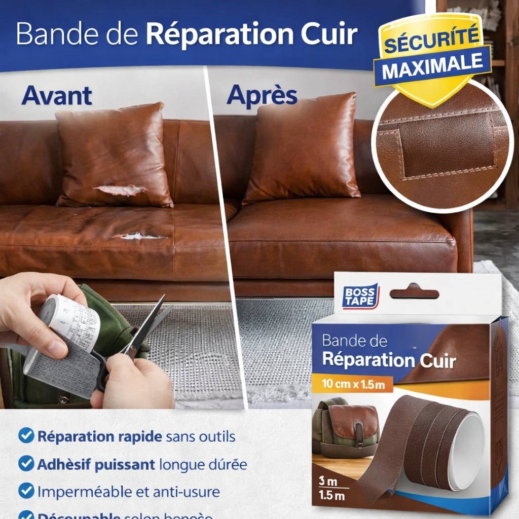 Patch cuir auto-adhésif Boss Tape marron 100mm x 1,5m – réparation siège auto, canapé et maroquinerie
