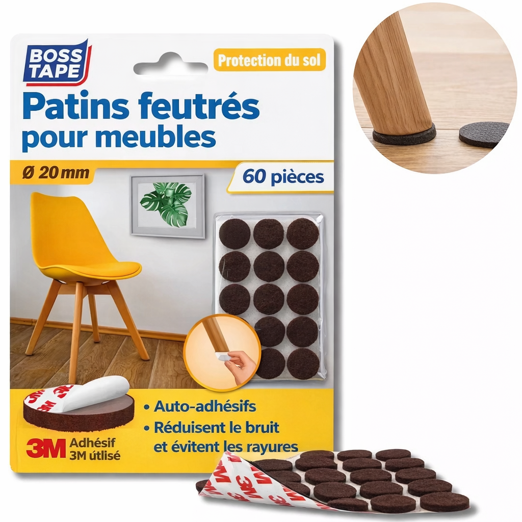 Patin anti-glissement meuble rond Boss Tape 20mm marron lot de 60 – protection sol anti-rayures, chaises, tables et petits meubles
