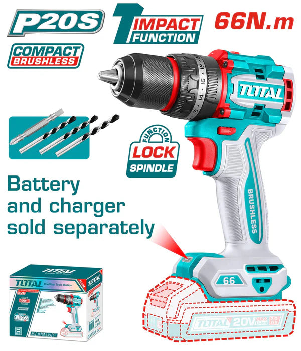 Perceuse à percussion sans fil TOTAL TIDLI206681 20V brushless 66Nm 30 000 bpm mandrin 13mm LED – SQES Tunisie
