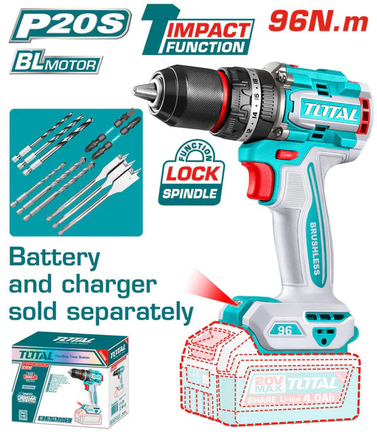 Perceuse à percussion sans fil TOTAL TIDLI209681 20V brushless 96Nm 30 000 bpm mandrin 13mm LED – SQES Tunisie
