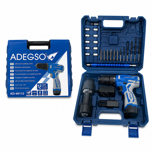 Perceuse-visseuse sans fil ADEGSO AD-40183 12 V avec 2 batteries et 25 accessoires | SQES Tunisie
