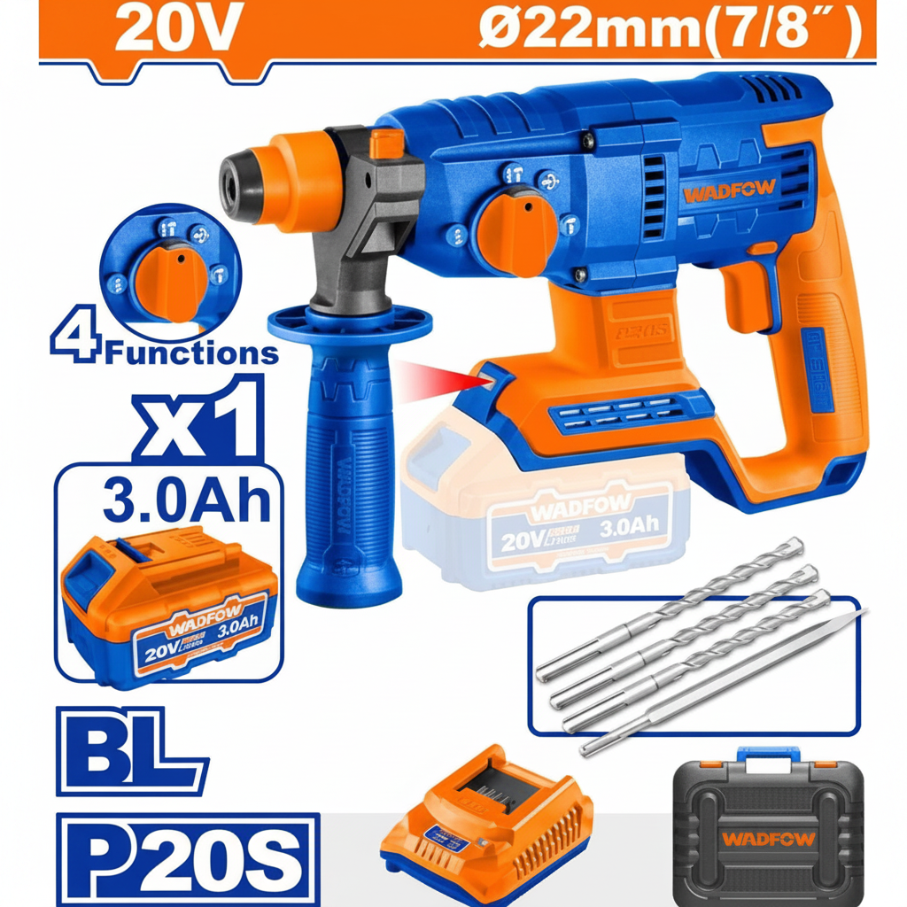 Perforateur Sans Fil Brushless 20V WADFOW Ø22mm 4 Fonctions