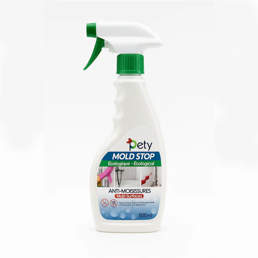 Pety Mold Stop spray anti-moisissures écologique 500ml – formule huile de mélaleuca, sans javel, multi-surfaces, prêt à l'emploi
