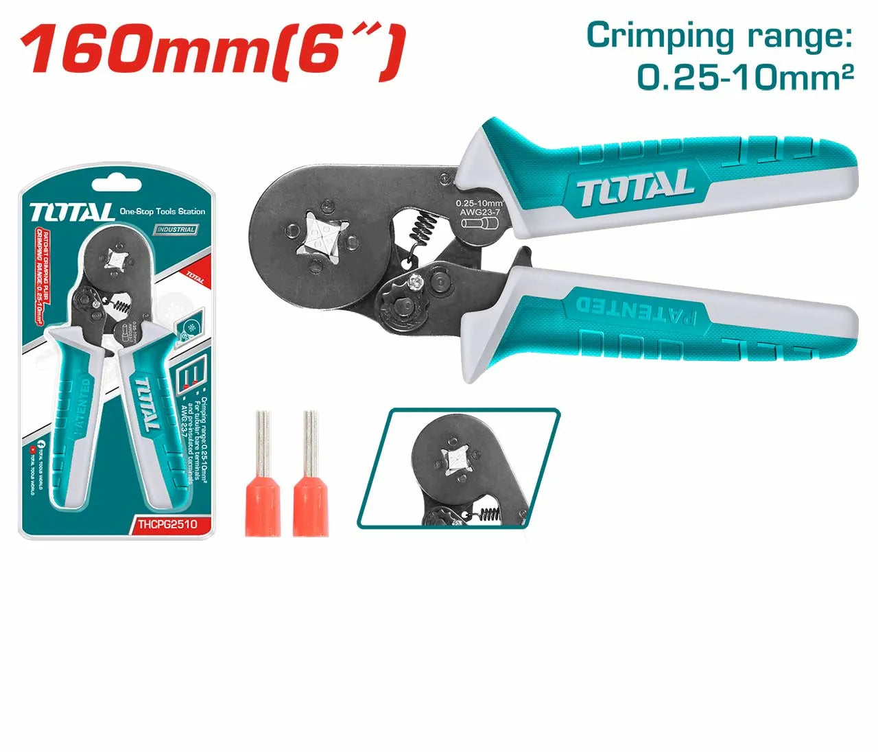 Pince à sertir à cliquet TOTAL THCPG2510 160mm (6") – mécanisme cliquet, robuste et durable, sertissage professionnel connecteurs et cosses
