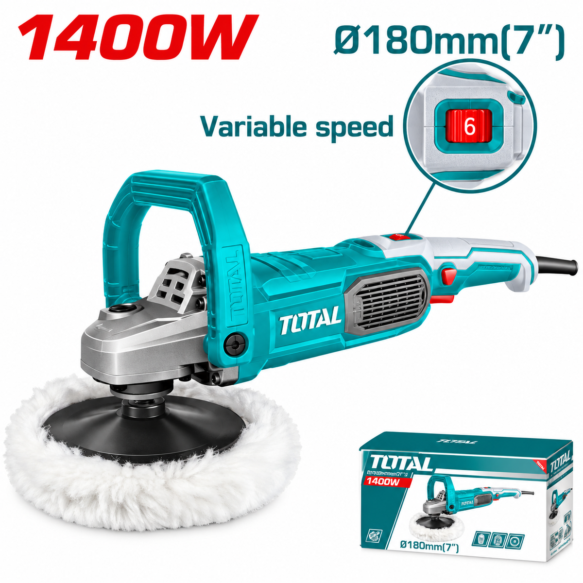 Polisseuse TOTAL TP11418018 1400 W avec plateau 180 mm, vitesse variable 1500–3600 tr/min et broche M14.