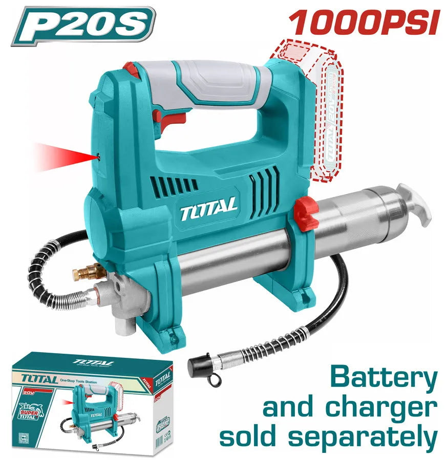 Pompe à graisse sans fil TOTAL TGGLI2010 20V – 282g/min, 690 bars, vrac 453g ou cartouche 411g, ligne 76cm, compatible P20S, mécanique agriculture
