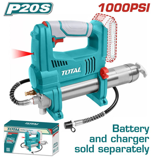 Pompe à graisse sans fil TOTAL TGGLI2010 20V – 282g/min, 690 bars, vrac 453g ou cartouche 411g, ligne 76cm, compatible P20S, mécanique agriculture
