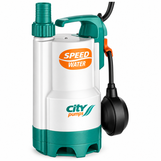 Pompe submersible CITY PUMPS 0,75 CV, débit maxi 180 L/min, hauteur 8,5 m et immersion maximale 3 m.