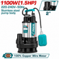 Pompe submersible TOTAL TWP7110016 1100 W pour eaux chargées, HMT max. 15 m, immersion 7 m, sortie 2″, corps inox et flotteur automatique.