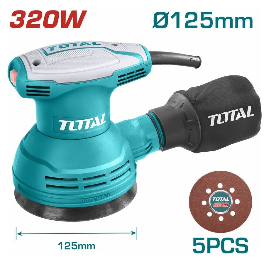 Ponceuse excentrique TOTAL TF2031256 320W – Ø125mm, 12000tr/min, 5 feuilles abrasives TAC731251 + 1 jeu balais de charbon inclus
