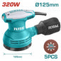 Ponceuse excentrique TOTAL TF2031256 320W – Ø125mm, 12000tr/min, 5 feuilles abrasives TAC731251 + 1 jeu balais de charbon inclus

