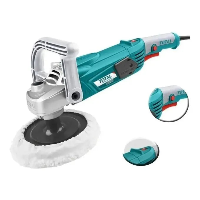 Ponceuse polisseuse TOTAL 1400W – Ø180mm, 1500-4500tr/min, variateur de vitesse, bonnet et tampon inclus, carrosserie polyester bateaux
