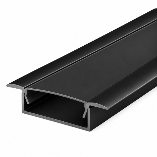 Profilé LED aluminium noir FBS GROUP disponible en 8 × 14 mm et 10 × 10 mm pour intégration de rubans LED.