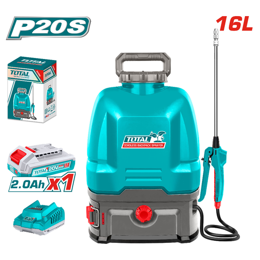 Pulvérisateur à batterie TOTAL TSPLI20162 capacité 16 L, plateforme P20S, pratique pour les travaux de jardinage et de pulvérisation.