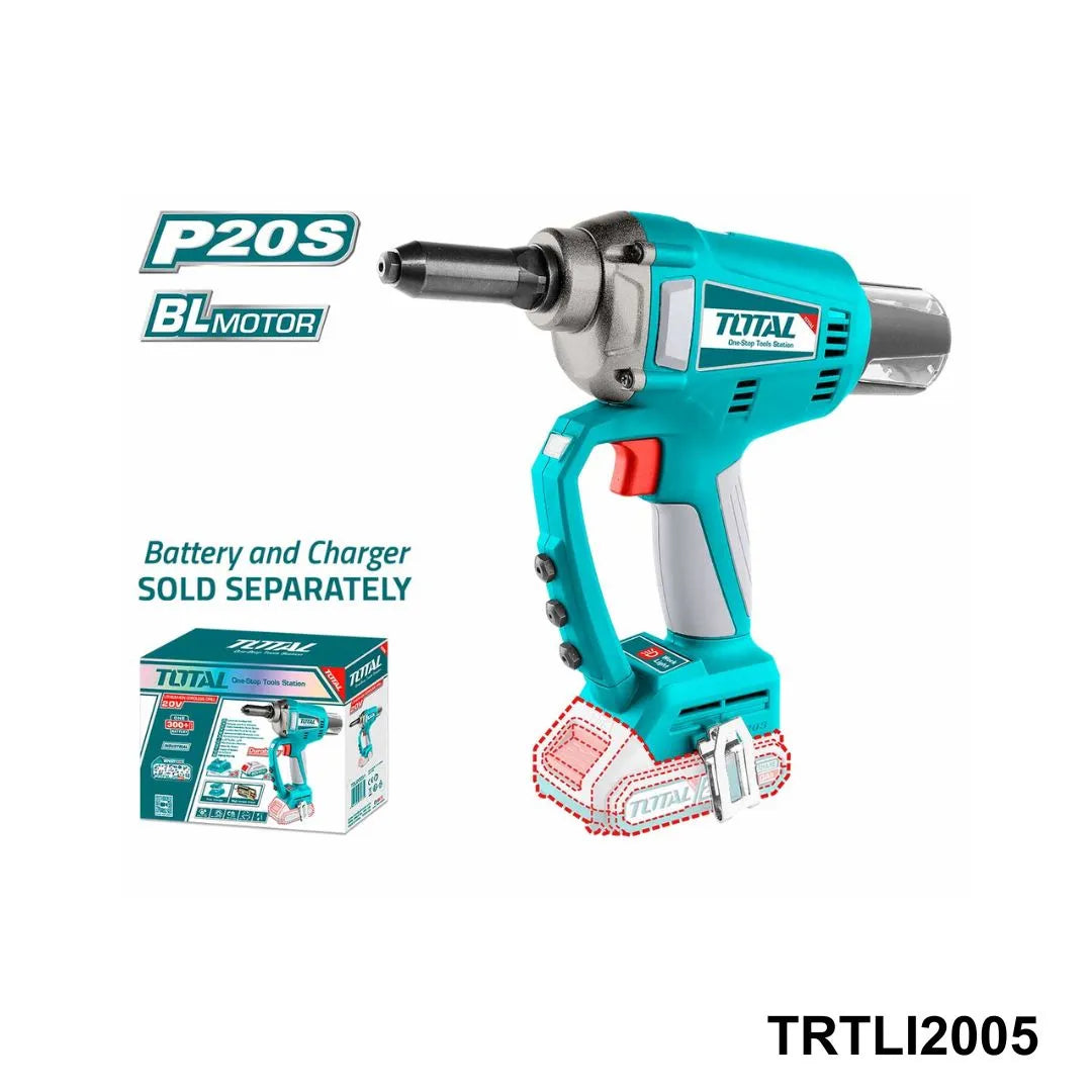 Riveteuse sans fil TOTAL TRTLI2005 20V – moteur brushless, force 20kN, course 25mm, lampe LED intégrée, compatible batterie TOTAL 20V
