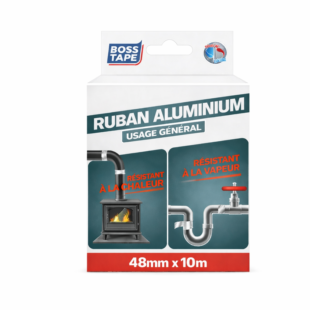 Ruban aluminium BOSS TAPE 48mmx10m ultra résistant. Haute température, étanche. Professionnel. Livraison Tunisie. Réparez !