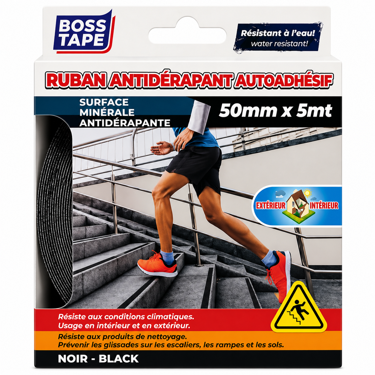 Ruban antidérapant Boss Tape noir 50mm x 5m – adhésif extrafort pour escaliers, rampes et sols mouillés
