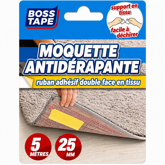 Ruban double face BOSS TAPE moquette 25mmx5m. Fixation revêtements sol. Adhésion forte. Livraison Tunisie. Fixez !