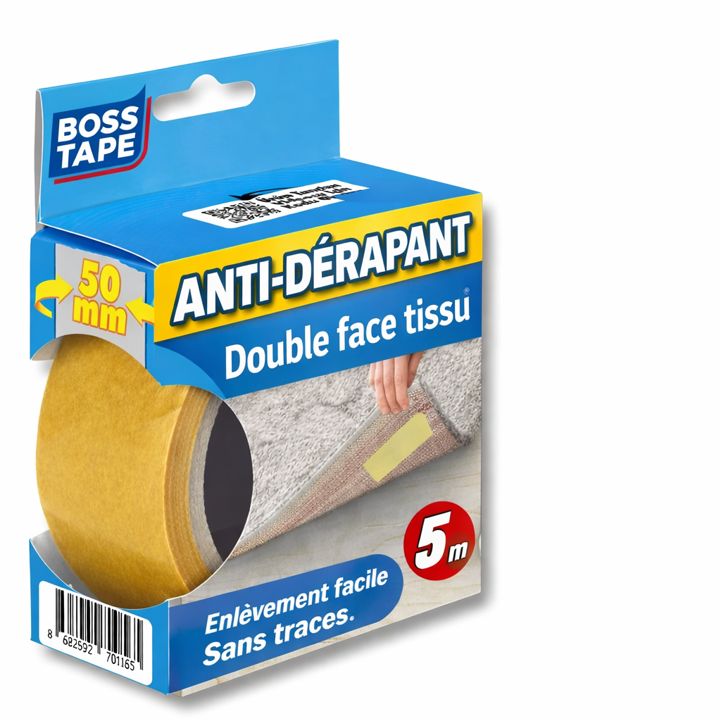 Ruban double face moquette Boss Tape 25mm x 5m – fixation invisible et durable, tapis, revêtements sol et bureaux
