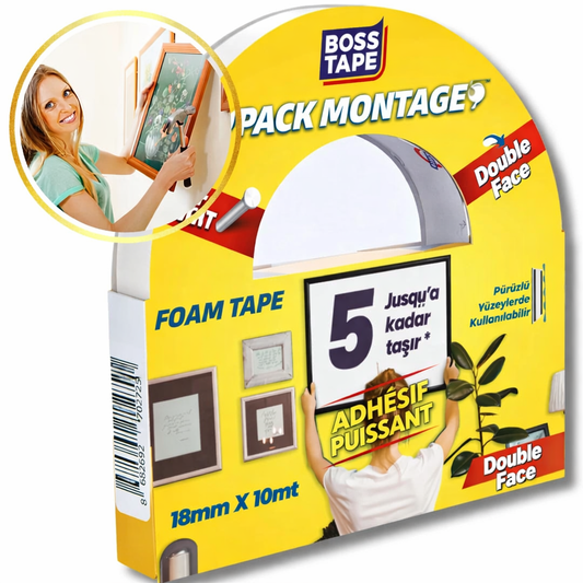 Ruban double face mousse Boss Tape 18mm x 10m – montage mural jusqu'à 5kg, cadres légers et décorations sans perçage
