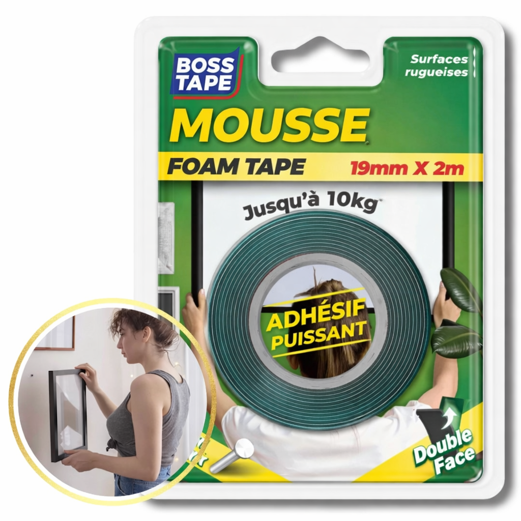 Ruban double face mousse Boss Tape 19mm x 2m – montage mural jusqu'à 10kg, cadres, miroirs et décorations sans perçage
