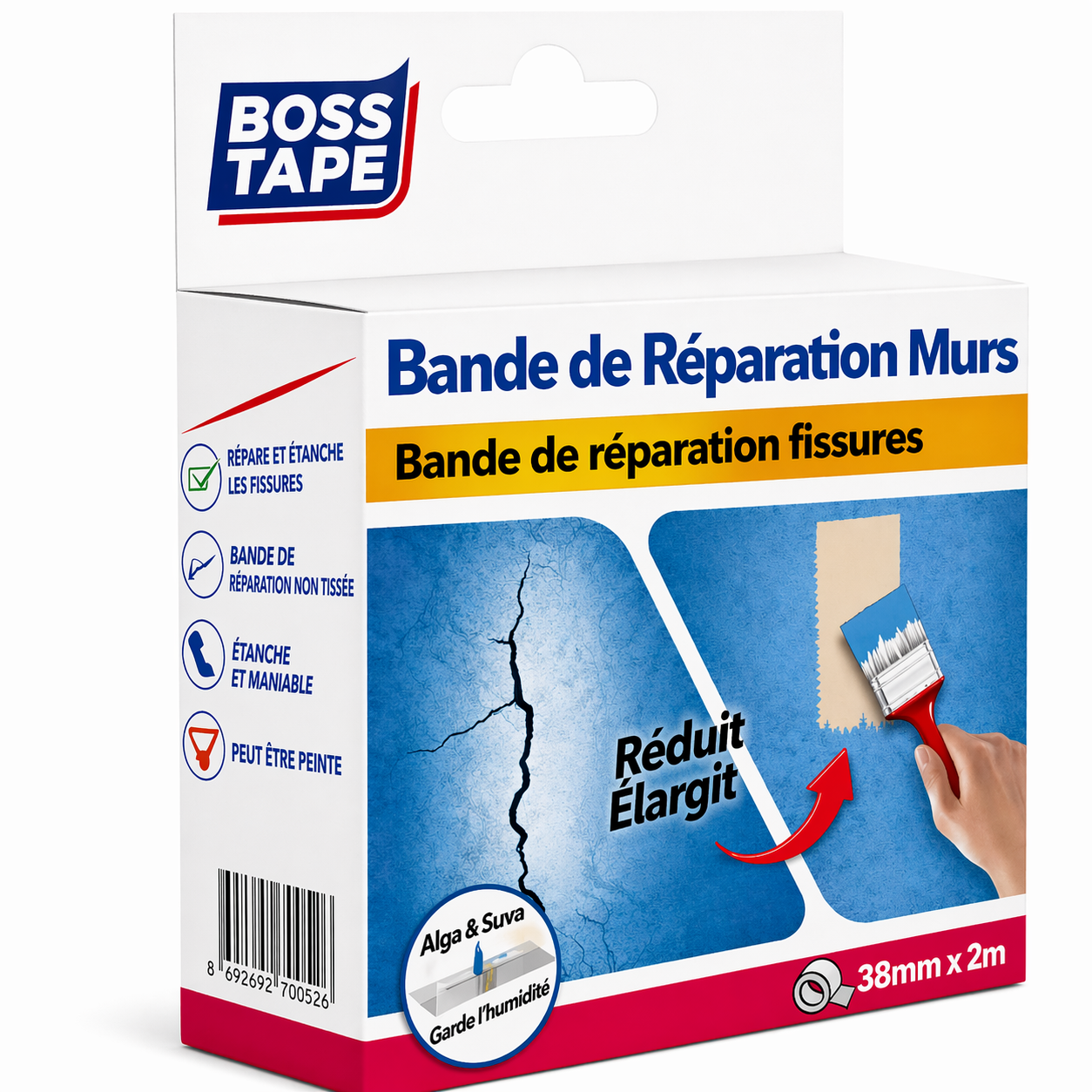Ruban réparation fissures Boss Tape 38mm x 2m – stabilise et masque les fissures mur avant peinture
