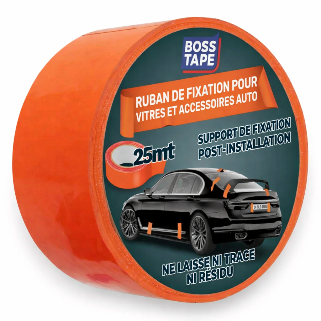 Ruban fixation temporaire PVC orange Boss Tape 45mm x 25m – maintien vitres automobiles, carrosserie et réparations garage sans résidus
