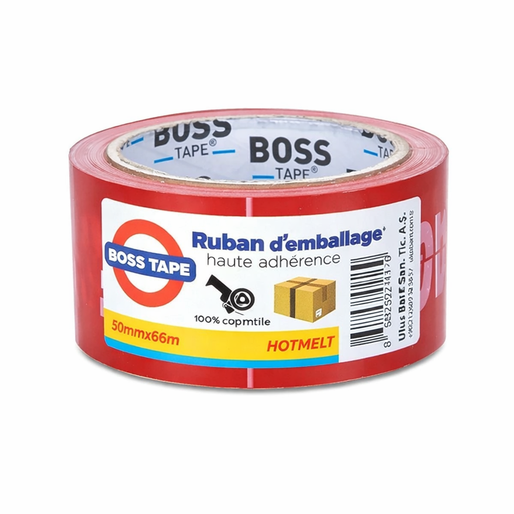 Ruban adhésif imprimé Fragile Boss Tape rouge 50mm x 66m – emballage sécurisé, e-commerce et logistique

