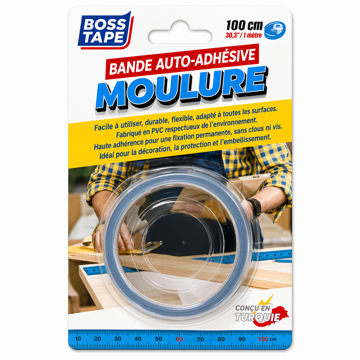 Ruban mètre tailleur autoadhésif Boss Tape 10mm x 1m bleu – mesures précises couture, bricolage, ateliers et artisanat
