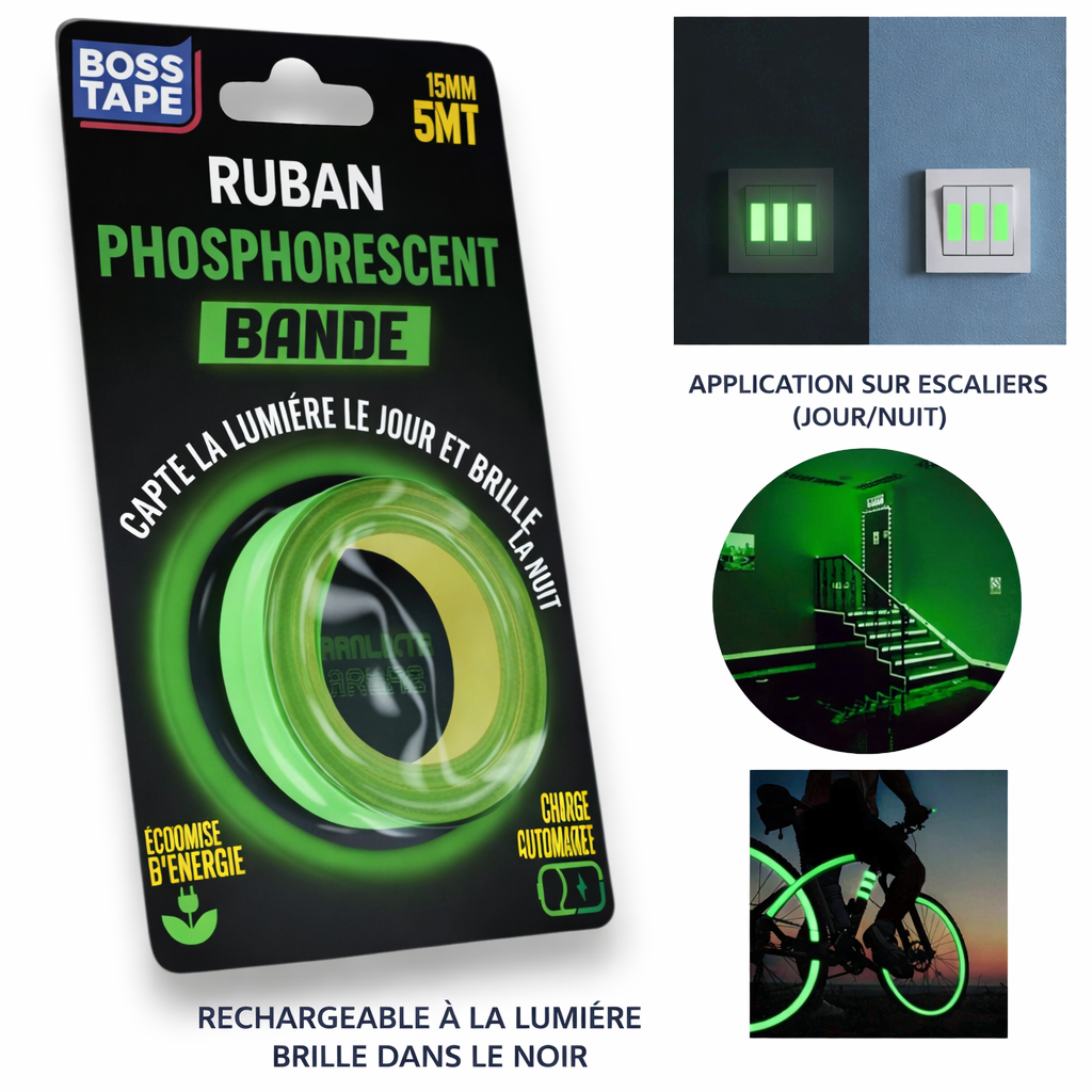 Ruban phosphorescent Boss Tape 15mm x 5m – brille dans le noir, sécurité et signalisation nocturne
