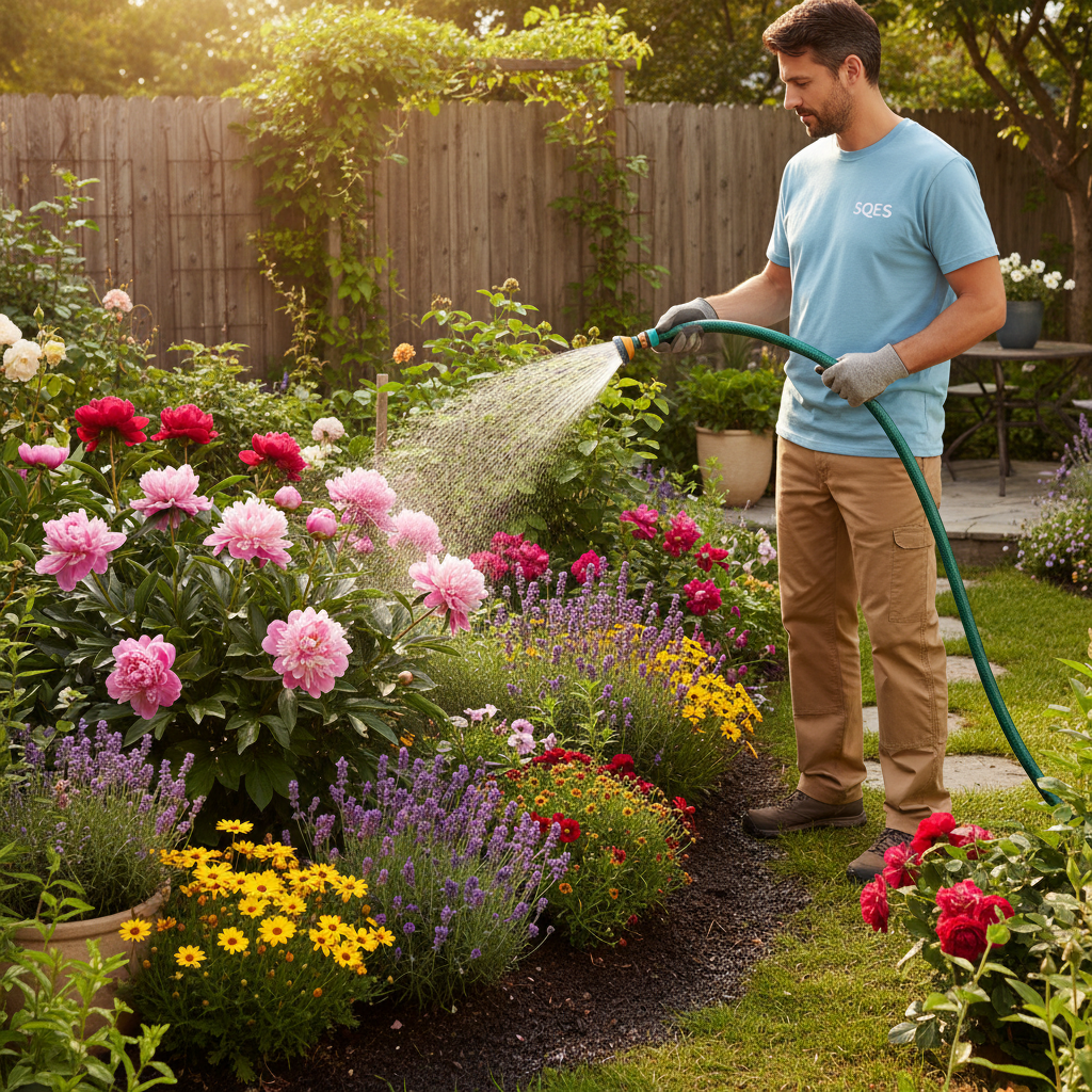 Scène d'arrosage jardin avec vêtements SQES