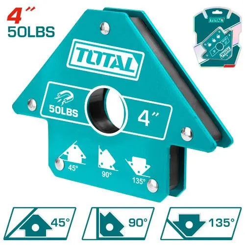 Support de soudage magnétique TOTAL – 3 angles 45°/90°/135°, force 75 lb, acier robuste, disponible en 4"
