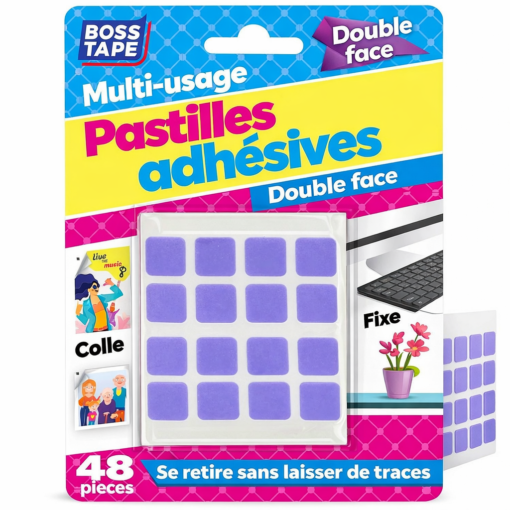 Tampons adhésif double face Boss Tape 12mm x 12mm lot de 48 – fixation photos, décorations, affiches et objets légers multi-surfaces
