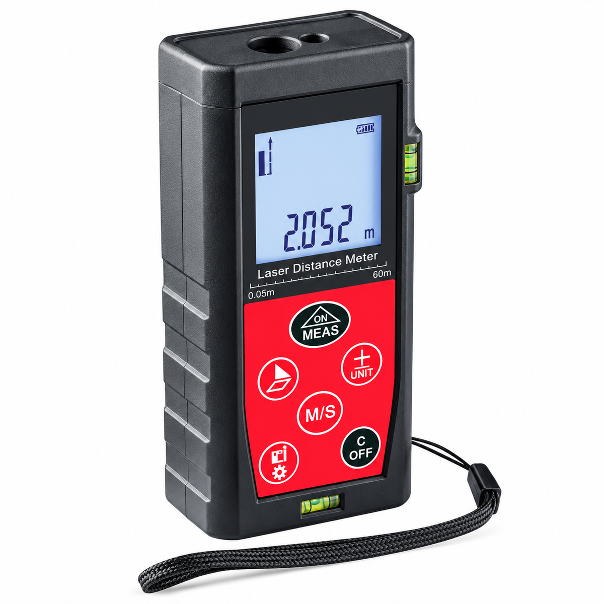 Télémètre laser VALEX 1800209, portée 0,05 à 60 m, précision ±2 mm, calcul surfaces et volumes, fonction Pythagore et niveau numérique.
