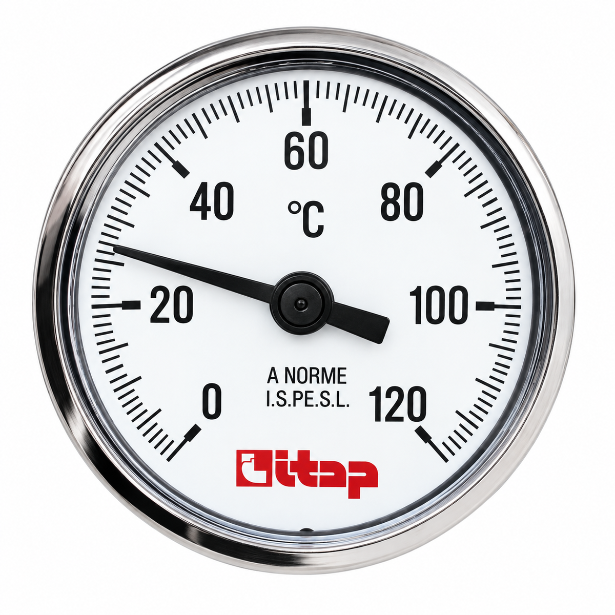 Thermomètre ITAP Réf. 493 à raccord arrière 1/2", cadran Ø40 mm, sonde 50 mm et échelle de température de 0 à 120 °C.