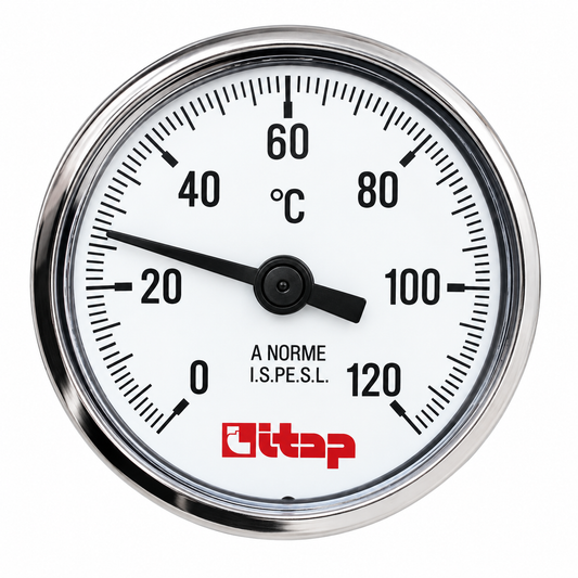 Thermomètre ITAP Réf. 493 à raccord arrière 1/2", cadran Ø40 mm, sonde 50 mm et échelle de température de 0 à 120 °C.