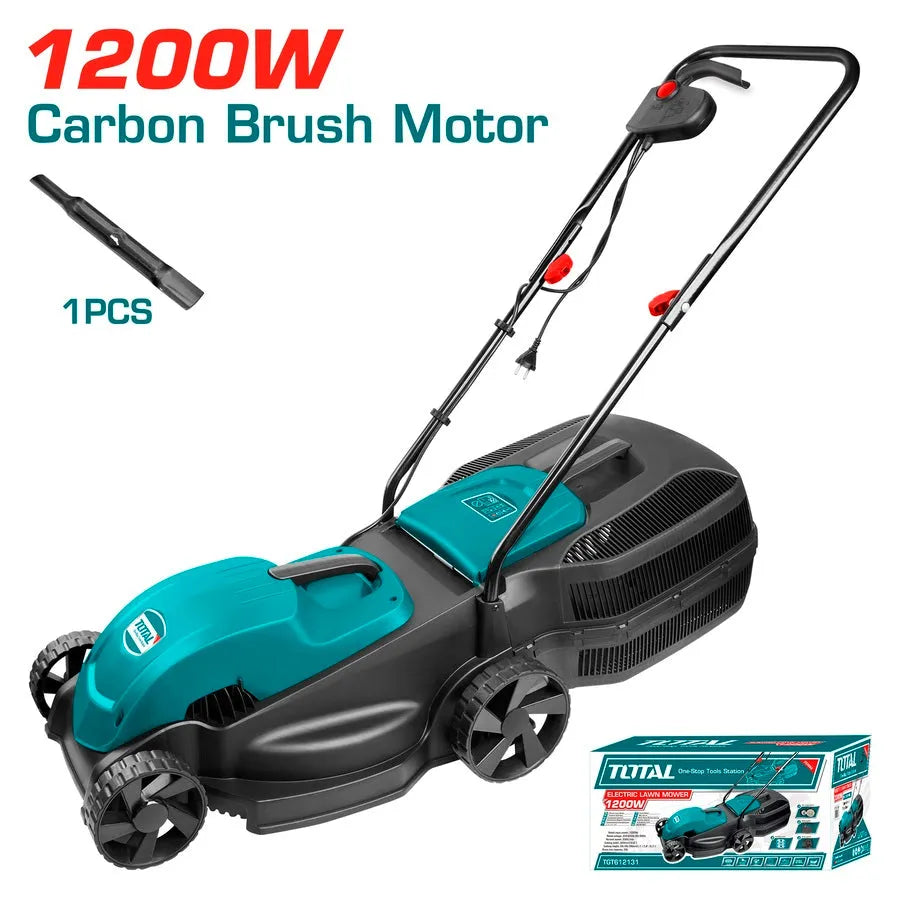 Tondeuse à gazon électrique TOTAL TGT612131 1200W – coupe 32cm, 2800 tr/min, hauteur 28/48/68mm, bac 28L, zone 500m², cadre plastique léger
