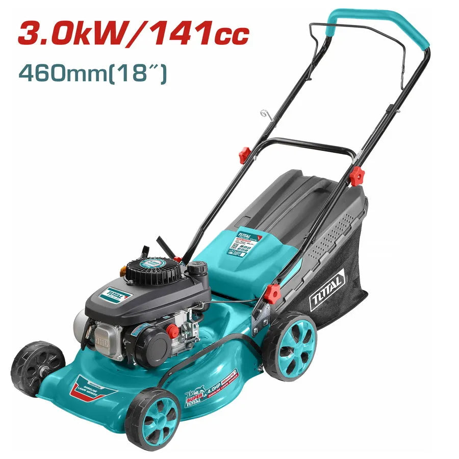 Tondeuse thermique TOTAL TGT141181 141cc (3kW/4HP) – coupe 460mm, 7 hauteurs 25-75mm, bac 60L, carter acier, roues 6"/8", démarrage manuel
