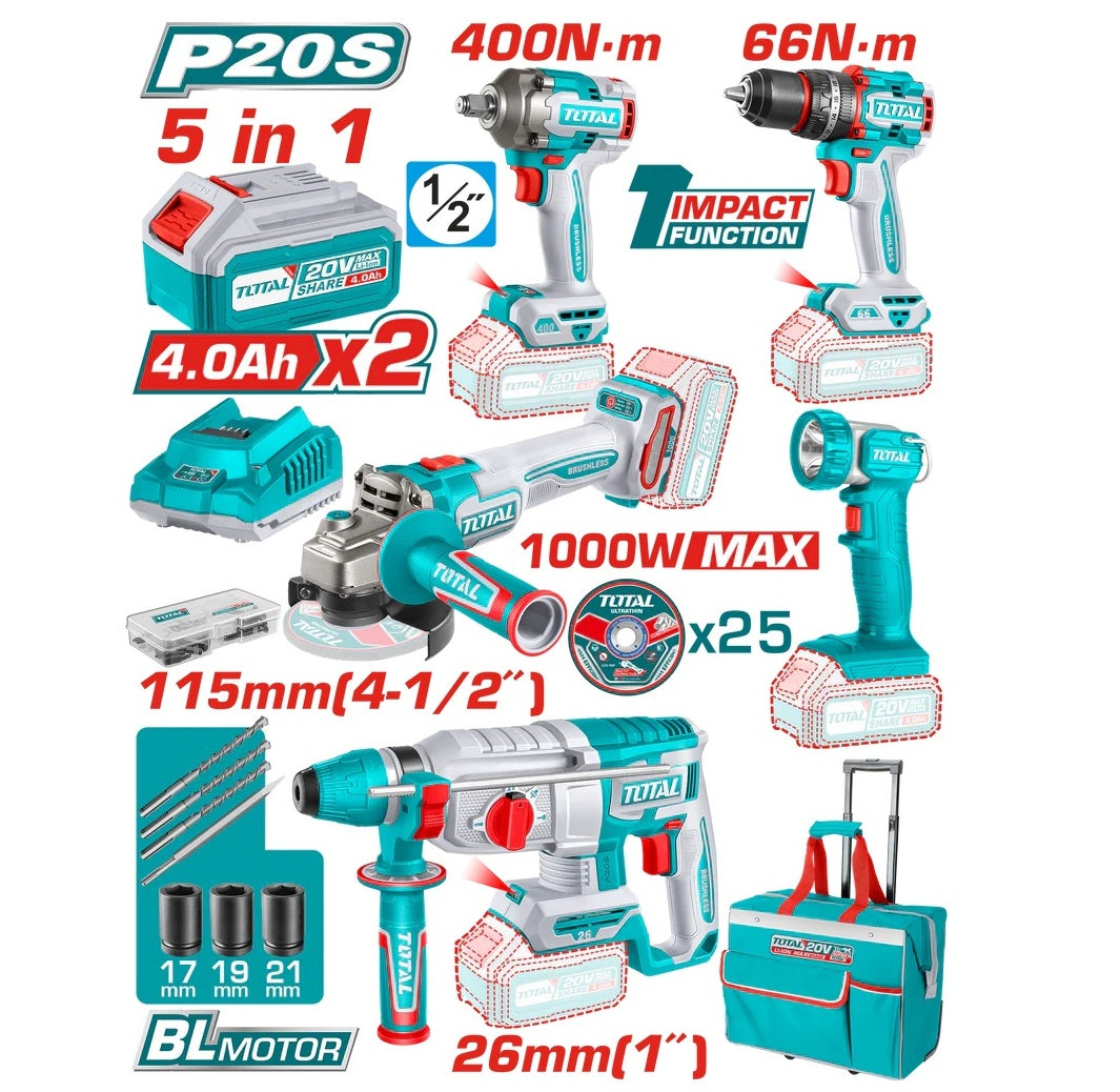 Kit 5 Outils Sans Fil TOTAL TCKLI20592 – 20V Brushless 2 Batteries 4Ah + 47 Accessoires
