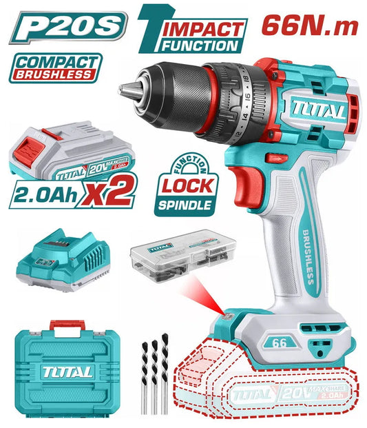 Visseuse-perceuse sans fil TOTAL TIDLI20668 20V 66Nm – double batterie Li-Ion, mandrin auto-serrant, variateur vitesse, LED intégrée, poignée ergonomique
