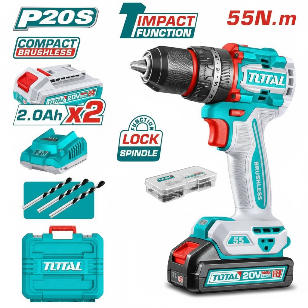 Visseuse à percussion 20V TOTAL TIDLI20558 brushless 55Nm – Kit complet 2 batteries 2Ah et 50 accessoires – SQES Tunisie
