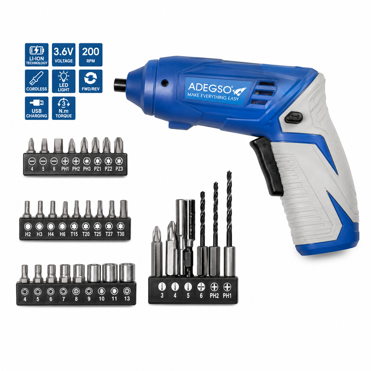 Visseuse sans fil lithium ADEGSO AD-40178 3,6 V avec chargeur et embouts | SQES Tunisie
