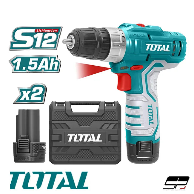 Visseuse Sans Fil TOTAL TDLI12202 12V 25Nm 2 Vitesses 0-1350tr/min 2×1.5Ah Li-Ion Chargeur LED — SQES Tunisie
