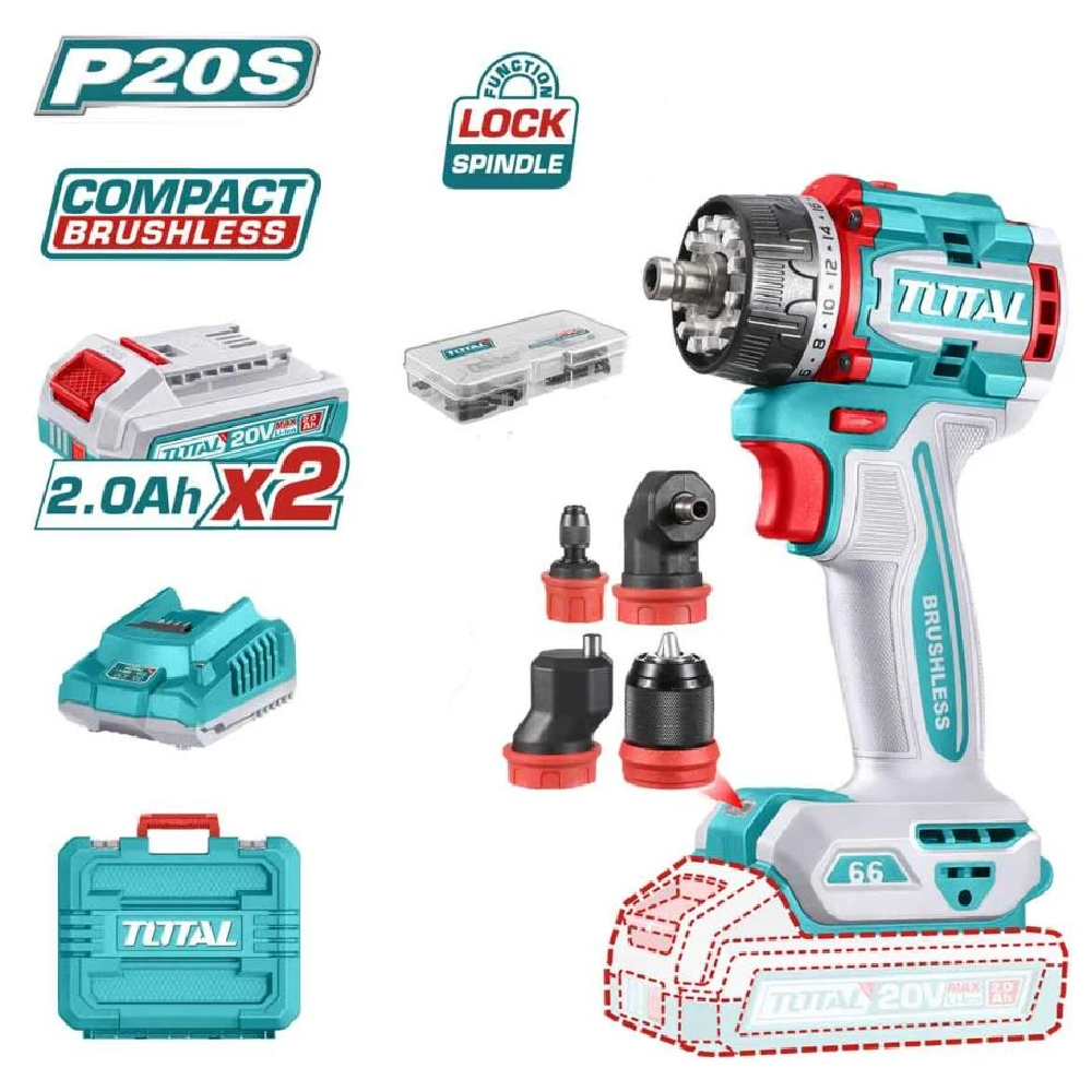 Perceuse multi-tête brushless 20V 66Nm TOTAL TDLI206686 avec 2 batteries 2Ah et mallette – sqes menzah 8 bricolage meilleur prix en tunisie